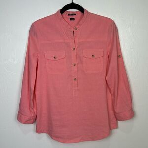 Theory Linen Blend Pink 1/2 Button Roll Tab Sleeve Top Size M